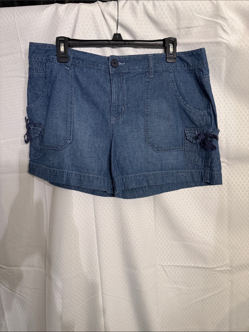 Faded glory, medium wash, cargo denim shorts and a size 14